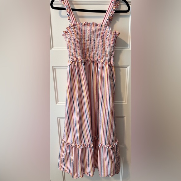 DRAPER JAMES Kimberly Multicolored Striped Ruffle Smocked Midi Dress Size Small - Picture 1 of 8